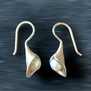Sterling Silver and Pearl Bugle Shaped Teardrop Earrings